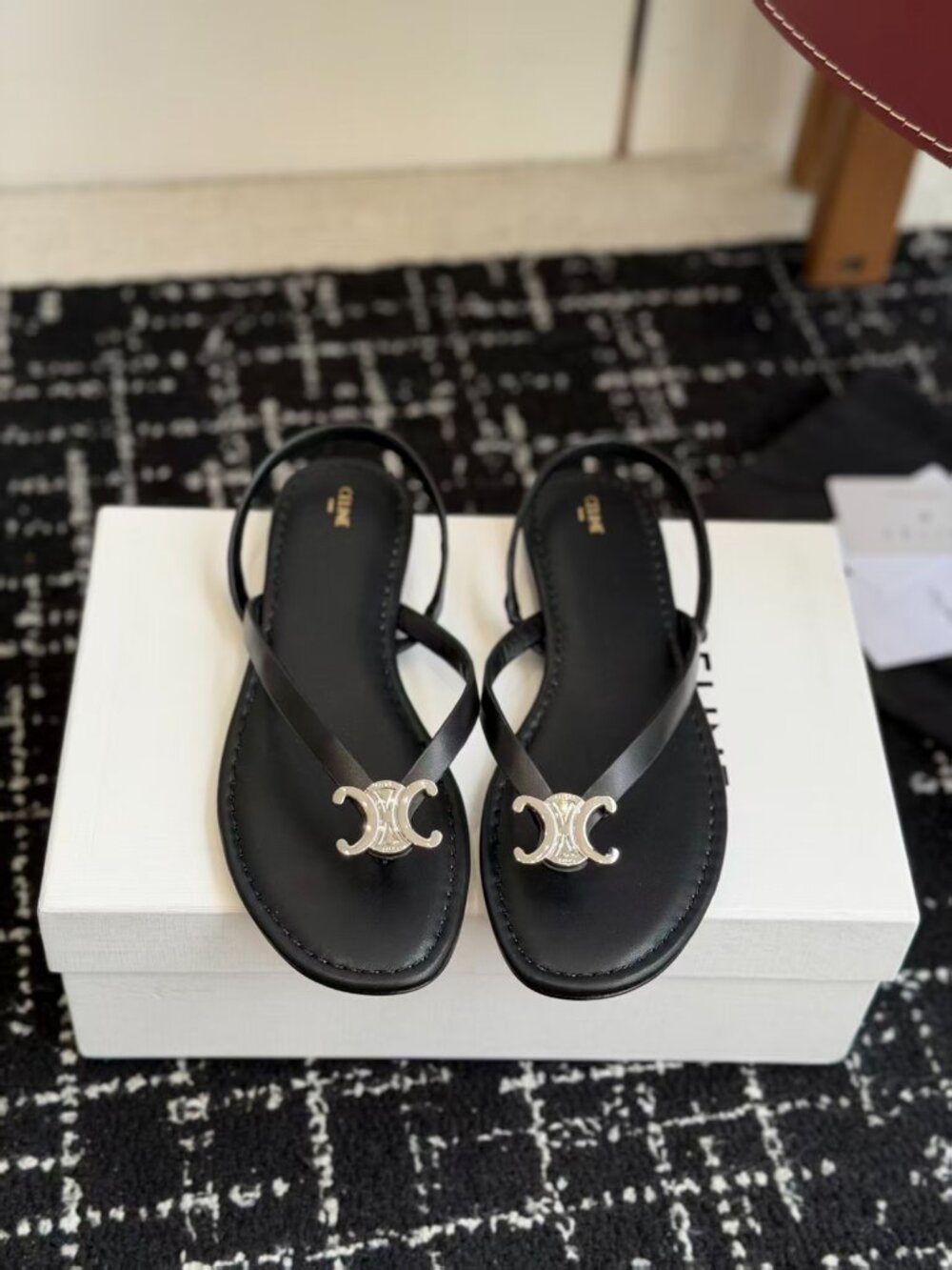 Celine Black Leather Thong Sandals Silver Triomphe Slingback Flat Sandals